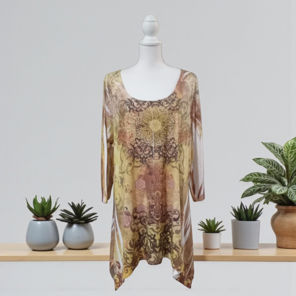 CAL‎ STYLE LONG SLEEVE PULLOVER TOP BRN. AND GOLD 2X